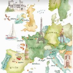 Physical features of Europe. Map Of Europe, Voyage Europe, Watercolor Map, Europe Map, Europe Summer, Travel Illustration, Illustrated Map, Travel Maps, The Eiffel Tower