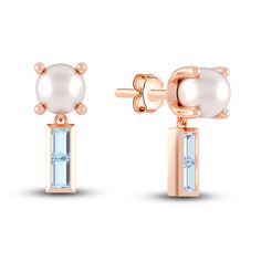 High fashion, meet Juliette Maison. These striking yet sweet mixed baguette-cut natural aquamarine gemstone and freshwater cultured pearl earrings were designed for when you want to feel elegant and cheeky. Fashioned in 10K rose gold, the earrings secure in place with friction backs. Diamond Solitaire Earrings, Gold Book, Jared The Galleria Of Jewelry, Freshwater Pearls Earrings, Peridot Gemstone, Aquamarine Stone, Rhodolite Garnet, Pearl Types, Gold Price