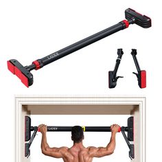 an image of a man doing pull ups on the wall with barbell attachments