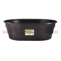 a black plastic pot with a label on the front and bottom, sitting on a white background