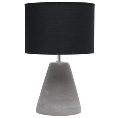 a gray table lamp with a black shade on the base and a dark fabric lampshade