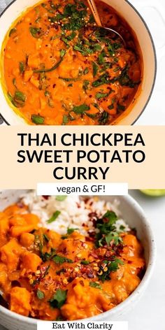 thai chickpea sweet potato curry in a bowl with rice and cilantro