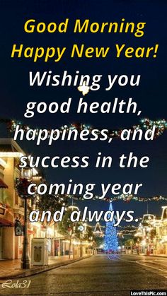 a happy new year message with a christmas tree on the street and lights in the background