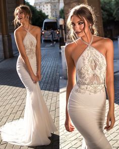 a woman in a white dress is posing for the camera and wearing a halter top