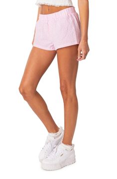 A playful gingham print charms these elastic-waist shorts crafted from a supersoft cotton blend. 50% cotton, 50% polyester Machine wash, dry flat Imported Shopping Preppy, Cute Summer Shorts, School Wishlist, Preppy Summer Outfits, Gingham Shorts, Aesthetic Fits, Flowy Shorts