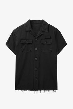 THE S/S MILITARY SHIRT. Crafted from 100% Cotton Twill and cut in a true to size relaxed fit and washed for the perfect vintage look and feel. Features a removable name badge & raw edge hem. Rocker Tee, Military Shirt, Vintage Tank, Mechanic Shirts, Rolled Sleeves, Short Sleeve Button Up, Cut Shirts, Black Is Beautiful, Raw Edge