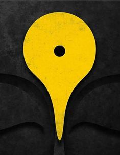 a yellow and black poster with the shape of a buddha's head on it