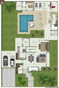 the floor plan for a house with an outdoor swimming pool