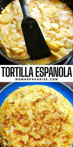 tortilla in a skillet with cheese on top and an image of the inside