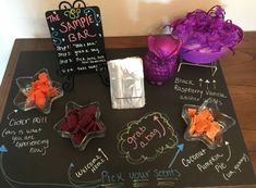 a blackboard with different types of candies on it and some writing on the board