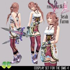 the female character is holding two swords and posing for an advertise image in front of