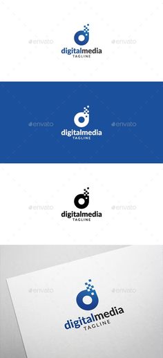 the logo for digital media is shown in three different colors and font styles, including blue,