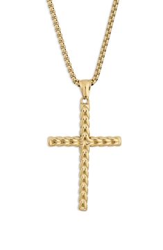 A textured cross pendant is suspended from this slender chain necklace to show a display of faith in everyday ensembles. 26" length Stainless steel or stainless steel/goldtone plate
 Imported Tumi Luggage, Mens Crosses, Clutch Pouch, Mens Accessories Jewelry, How To Make Shoes, Cold Weather Accessories, Cross Pendant Necklace, Accessories Jewelry Necklace, Keep Jewelry