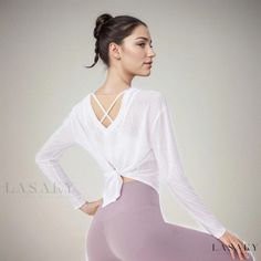 Lasaky - Long-Sleeved Loose-Fit Yoga Top with Quick-Drying and Moisture-Wicking Properties for Fitness, featuring a Lightweight Sports Shirt Design. Long Sleeve Relaxed Fit Yoga Top, Versatile White Tops For Light Exercise, Stretch Wrap Top For Loungewear, White Long Sleeve Top For Gym, White Long Sleeve Gym Top, Versatile White Wrap Top, White Long Sleeve Yoga Activewear, White V-neck Gym Top, Casual Long Sleeve Tops For Light Exercise