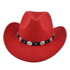 Red Western Cowboy, Cowgirl Hat, Black & Silver Strap, Men Women, Wide Brim Western Style Red Felt Hat For Winter, Western Red Felt Hat For Winter, Red Western Hat Bands For Winter, Western Style Red Hat Bands For Winter, Western Red Hat Bands For Winter, Red Western Style Party Hat, Red Western-style Party Hat, Red Hat For Winter Rodeo, Western Style Red Hat