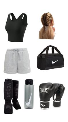 the contents of a women's gym outfit including gloves, water bottle and sports bra