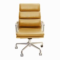 an office chair with chrome legs and leather upholstered seat, viewed from the front