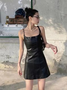 Spaghetti Strap Dress Short, Plus Size Metal, Pu Leather Dress, Short Black Dress, Black Leather Dress, Sundresses Women, Dark Dress, Black Short Dress, Statement Dress