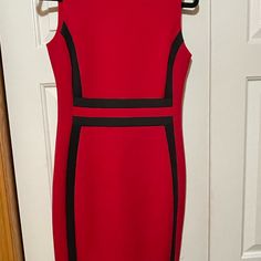 Beautiful Red And Black Dress From Calvin Klein. Dress Is New With Tags And Is A Size 6. Fitted Red Lined Midi Dress, Red Stretch Midi Dress For Work, Red Bodycon Mini Dress For Work, Calvin Klein Red Formal Dress, Calvin Klein Red Dresses, Chic Red Calvin Klein Dress, Black Flowy Dress, Red And Black Dress, Black Bell Sleeve Dress