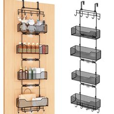 two metal shelves with baskets on them next to a wall mounted shelf filled with toiletries