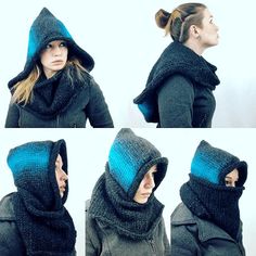 four photos of a woman wearing a hooded jacket and scarf with the hood pulled back