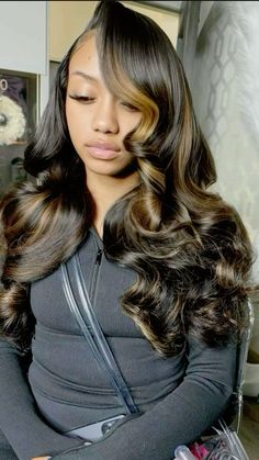 Sew In Highlights Black Women, Brown Flip Over Quick Weave, Side Part Highlight Quick Weave, Side Part Buss Down, Highlight Sew In, Sew In Weave With Leave Out Highlights, Side Part Sew In With Highlights, Quick Weave With Highlights, Sew In With Color