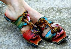 Sandals "Aphrodite1" (handmade to order) Hand Painted Open Toe Leather Sandals, Hand Painted Leather Open Toe Sandals, Multicolor Hand Painted Open Toe Sandals, Hand Painted Multicolor Open Toe Sandals, Traditional Leather Sandals With Wooden Heel, Artisan Multicolor Leather Sandals, Summer Bohemian Leather Clogs, Bohemian Leather Clogs For Summer, Artisan Handmade Multicolor Sandals