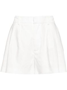 off-white linen blend pleat detailing belt loops concealed fly and button fastening high-waisted wide leg two side inset pockets thigh-length Tiered Ruffle Mini Dress, Bow Crop Tops, Ruched Sleeve Blazer, Bow Sweater, Baggy Cargo Pants, Pleated Sleeves, Polka Dot Shorts, Water Consumption, Alice And Olivia