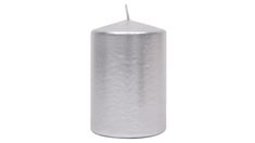 a silver candle is shown on a white background with a small stick sticking out of it