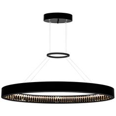 a circular light fixture hanging from the ceiling with two lights on each side and an open circle