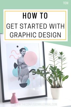 a potted plant sitting on top of a white table next to a framed poster