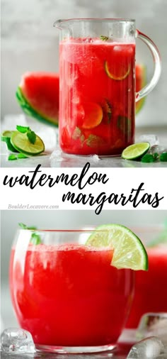 watermelon margaritas in glasses with lime slices on the rim and garnish