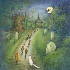 a painting of cats walking down a road in front of a cemetery at night with a full moon