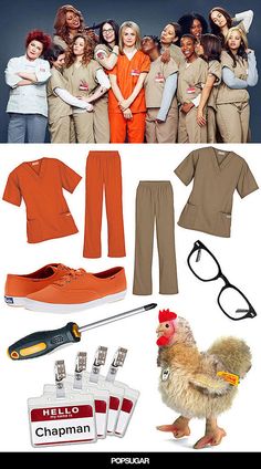 an orange shirt and brown pants are arranged in the shape of a chicken, with other items surrounding it