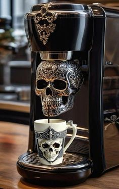 a coffee maker with a skull face on it