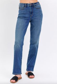 Judy Blue Lightly Distressed Girlfriend Jeans 67% Cotton, 20% Rayon, 13% Poly, 2% Spandex High Waist Straight Fit Front Rise: 11" Inseam: 30" Medium Wash Stretch Straight Pants, Blue Straight Fitted Jeans, Blue Fitted Straight Jeans, Casual Blue Elastane Jeans, Medium Wash Straight Leg Elastane Jeans, Blue Straight Bottoms With Relaxed Fit, Casual Medium Wash Elastane Bottoms, Blue High-rise Jeans, Blue Stretch Straight Jeans