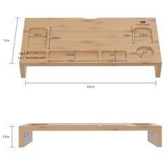 a wooden table with measurements for the top and bottom section, along with a bench