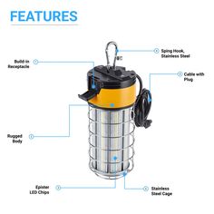 LEDMyplace presents to you the LED Temporary Work Light of 150-watt power which an excellent source of light for various working conditions. The Lumen yield of this LED light is 18,000. This work light has a beam angle of 360 degrees and projects light in every direction. The CRI of this LED light is higher than 80 which means that the light colors rendered by this have match 80% with daylights. The light is also rated safe for damp locations. The rated operational life of the light is 50,000 hours which means once you buy these lights you won't have to bother about a replacement for more than 5.7 years, on average daily use. The light also has a stainless steel enclosure for protecting the LED chips. Steel Cage, Led Work Light, Work Light, Work Lights, Plug And Play, Beams, Light Colors, Led Light, Light Fixtures