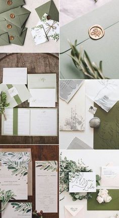 the wedding stationery is green and white