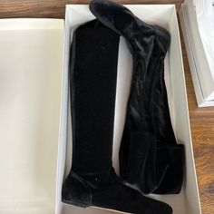 Brand New Knee High Boots Black Velvet Material Elegant Boots With Round Toe For Cocktail, Elegant Flat Heel Boots For Party, Elegant Flat Heel Party Boots, Elegant Black Boots For Cocktail, Chic Fitted Boots With Flat Heel, Chic Black Boots For Galas, Elegant Black Boots For Galas, Elegant Suede Boots With Flat Heel, Knee High Boots Black