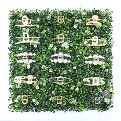 a green wall covered in lots of different types of objects