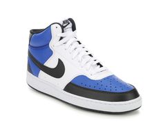 Durable upper, Secure lace-up closure, Cushioned insole, Shock absorbing midsole, Rubber traction outsole, Breathable fabric lining, Padded tongue and collar, Nike® branding details | Men's Nike Court Vision Mid Sneakers in Royal Blue/Black/White Size 8 Nike Casual High-top Sneakers For Sports, Casual Nike High-top Sneakers For Sports, Casual Nike High-top Sneakers For Light Sports, Blue Retro High-top Sneakers For Sports, Retro Blue High-top Sneakers For Sports, Nike Casual Mid-top Basketball Shoes, Casual Nike Mid-top Basketball Shoes, Sustainable Sneakers, Basketball Vibes