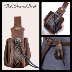 the belt is made out of brown leather and has an intricate design on the side