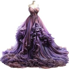 Purple Ruffled Ball Gown For Wedding, Purple Ruffled Evening Dress For Wedding, Purple Wedding Gown With Sweep Train, Purple Organza Evening Dress For Wedding, Purple Wedding Gown With Long Train, Elegant Purple Ball Gown For Wedding, Purple Organza Ball Gown For Wedding, Purple Tulle Wedding Gown, Purple Lace Gown For Debutante Ball