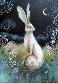 a painting of a white rabbit sitting on its hind legs with trees in the background