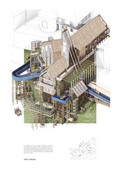 an architectural rendering of a water slide in the middle of a building with rafts on top