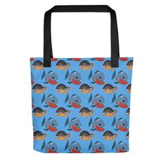 Pirhana Tote Bag | Trendy Tote for Women | Grocery Store Bag. Fantastic design perfect for enthusiasts who love fun patterns. Grab this design as a  gift for your family, friend, spouse, or kids who also love Pirhana Tote Bag | Trendy Tote for Women | Grocery Store Bag. The design is also great for birthdays, celebrations, and holidays. A spacious and trendy tote bag to help you carry around everything that matters. * 100% spun polyester fabric * Bag size: 15″ × 15″ (38.1 × 38.1 cm) * Capacity: Novelty Multicolor Bag For Everyday Use, Fun Rectangular Bags For Gifts, Fun Rectangular Bags Ideal For Gifts, Fun Rectangular Gift Bags, Fun Rectangular Shoulder Bag As Gift, Fun Rectangular Shoulder Bag Gift, Cute Blue Bags For Vacation, Rectangular Reusable Bag For Personal Use, Fun Bag With Removable Pouch For Everyday Use