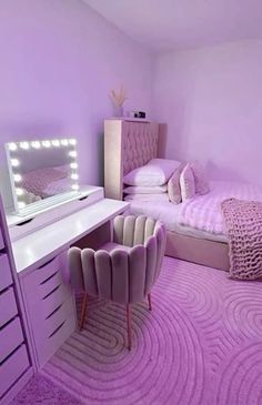 a bedroom with pink carpet and purple furniture in the room is lit by bright lights