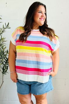 Brighten up your wardrobe with fuchsia, blue, yellow and peach striped dolman style knit sweater. The loose knit and oversized design complete this stunning top. Dolman Sleeves + Striped + Knit No Stretch 100% ACRYLIC Designed in California MADE IN CHINA Fits Oversized Weight: .625 Lbs; plus .813 Lbs Bust (side seam to side seam): S 23" M 24" L 25" 1X 27" 2X 28" 3X 29" Length (shoulder to hem): S 26" M 27" L 28" 1X 30" 2X 31" 3X 32" Regular Model Measurements: 5’ 6”, Size Small, Bust 34 C, Waist Denim Short Dresses, Stunning Tops, Boutique Tops, Loose Knit, Striped Short, Denim Leggings, Romper Dress, Fall Shopping, Sweater And Shorts