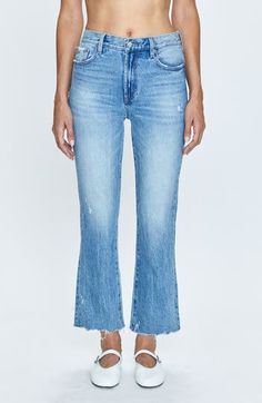 Raw-cropped step hems highlight relaxed fit in these bootcut jeans made from low-stretch denim in a faded wash. 26 1/2" inseam; 19" leg opening; 11 1/2" front rise; 14" back rise (size 29) Zip fly with button closure Five-pocket style 99% cotton, 1% spandex Machine wash, tumble dry Imported Flare Cropped Jeans With Five Pockets In Denim Blue, Flare Cropped Jeans With Five Pockets, Dark Wash Cropped Leg Flare Jeans, Washed Blue Cropped Flare Jeans With Five Pockets, Flare Cropped Jeans In Medium Wash For Fall, Faded Washed Cropped Flare Jeans, Fall Cropped Jeans In Washed Blue, Casual Flare Cropped Jeans In Medium Wash, Casual Cropped Flare Jeans With Frayed Hem